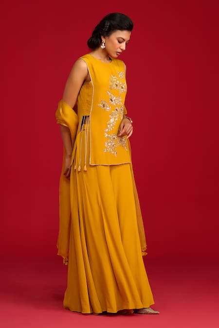 Megha Pitti Mustard Crepe, Organza Embroidery, Sequins, Zardozi And Kurta Sharara Set Online at Aza Fashions Megha Pitti_Mustard Crepe, Organza Embroidery, Sequins, Zardozi And Kurta Sharara Set _Online_at_Aza_Fashions