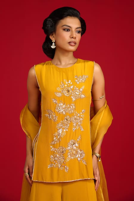 Buy Megha Pitti Mustard Crepe, Organza Embroidery, Sequins, Zardozi And Kurta Sharara Set Online at Aza Fashions Buy_Megha Pitti_Mustard Crepe, Organza Embroidery, Sequins, Zardozi And Kurta Sharara Set _Online_at_Aza_Fashions
