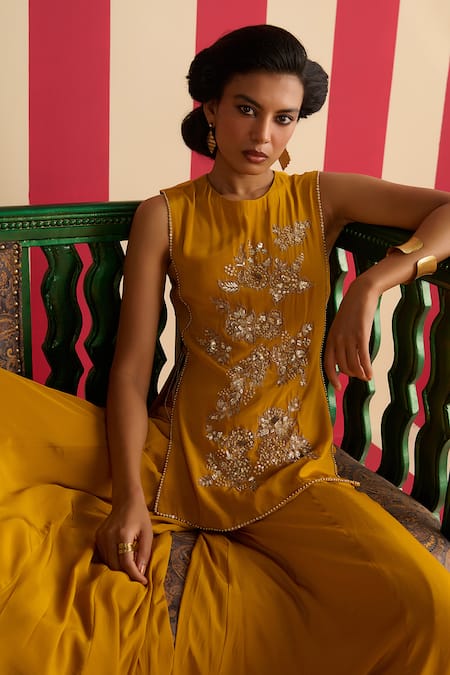 Shop Megha Pitti Mustard Crepe, Organza Embroidery, Sequins, Zardozi And Kurta Sharara Set Online at Aza Fashions Shop_Megha Pitti_Mustard Crepe, Organza Embroidery, Sequins, Zardozi And Kurta Sharara Set _Online_at_Aza_Fashions