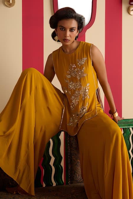 Megha Pitti Mustard Crepe, Organza Embroidery, Sequins, Zardozi And Kurta Sharara Set at Aza Fashions Megha Pitti_Mustard Crepe, Organza Embroidery, Sequins, Zardozi And Kurta Sharara Set _at_Aza_Fashions