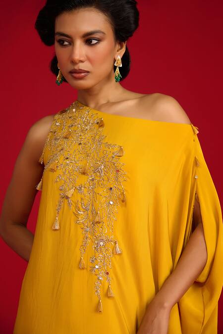 Buy_Megha Pitti_Yellow Crepe Embroidery, Sequins, Tassels Pita And Hand Kurta & Flared Pant Set _Online_at_Aza_Fashions