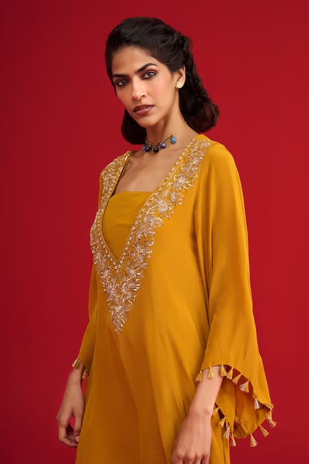 Megha Pitti_Mustard Crepe Embroidery, Zari, Sequins, Tassels Kalidar Zardozi And Kurta Set _Online_at_Aza_Fashions