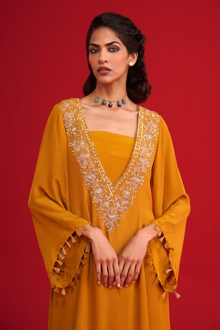 Buy_Megha Pitti_Mustard Crepe Embroidery, Zari, Sequins, Tassels Kalidar Zardozi And Kurta Set _Online_at_Aza_Fashions