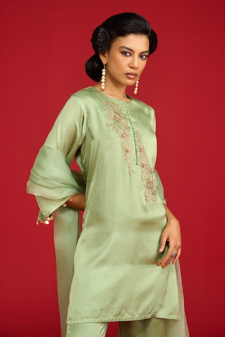Megha Pitti_Green Modal, Satin Embroidery, Sequins Round Neck Kurta Set _Online_at_Aza_Fashions