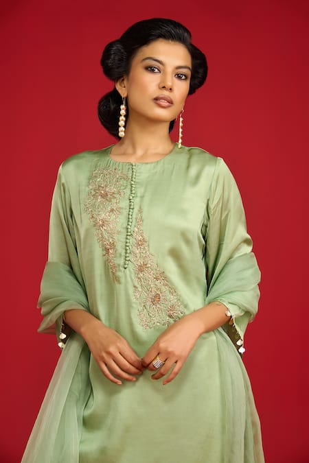Shop_Megha Pitti_Green Modal, Satin Embroidery, Sequins Round Neck Kurta Set _Online_at_Aza_Fashions