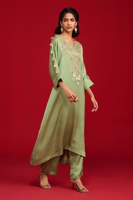 Shop_Megha Pitti_Green Modal, Satin Sequins, Zari, Tassels V-neck And Zardozi Embroidered Kurta Set _Online_at_Aza_Fashions