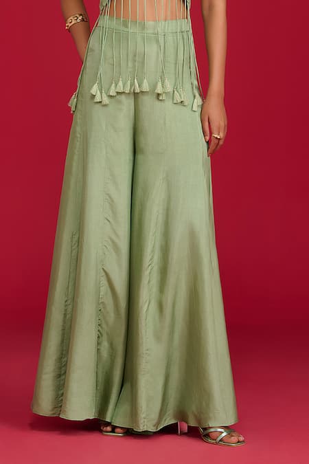 Megha Pitti_Green Silk, Organza Sequins, Tassels Round Embroidered Crop Top With Flared Pant _Online_at_Aza_Fashions