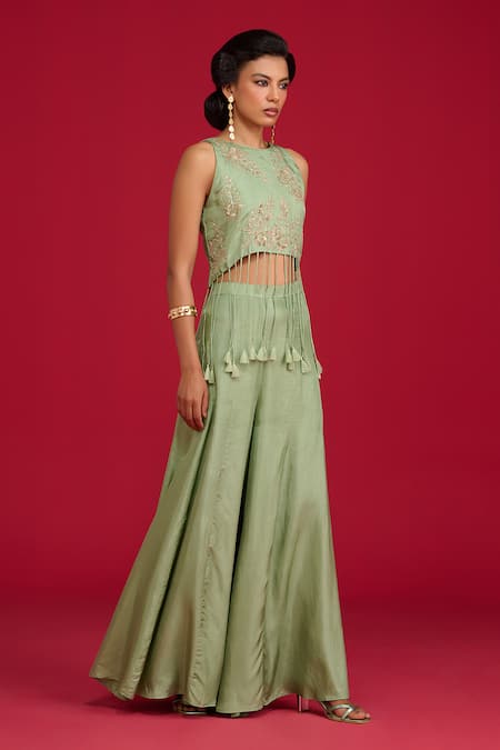 Buy_Megha Pitti_Green Silk, Organza Sequins, Tassels Round Embroidered Crop Top With Flared Pant _Online_at_Aza_Fashions