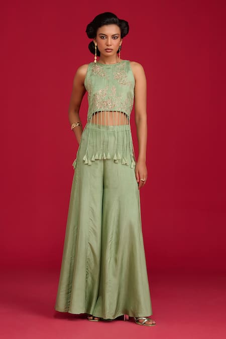 Megha Pitti Embroidered Crop Top With Flared Pant 