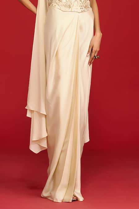 Shop_Megha Pitti_Ivory Modal, Satin, Crepe Sequins, Zari, Embroidery Corset Draped Skirt Set _Online_at_Aza_Fashions