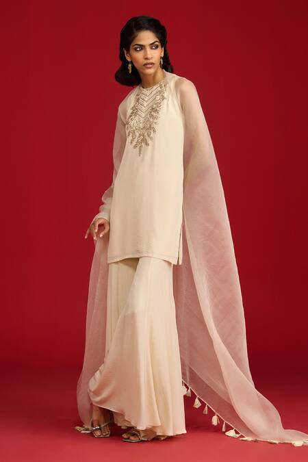 Shop_Megha Pitti_Ivory Crepe, Organza Embroidery, Sequins, Zari, Tassels Hand Kurta Gharara Set _Online_at_Aza_Fashions