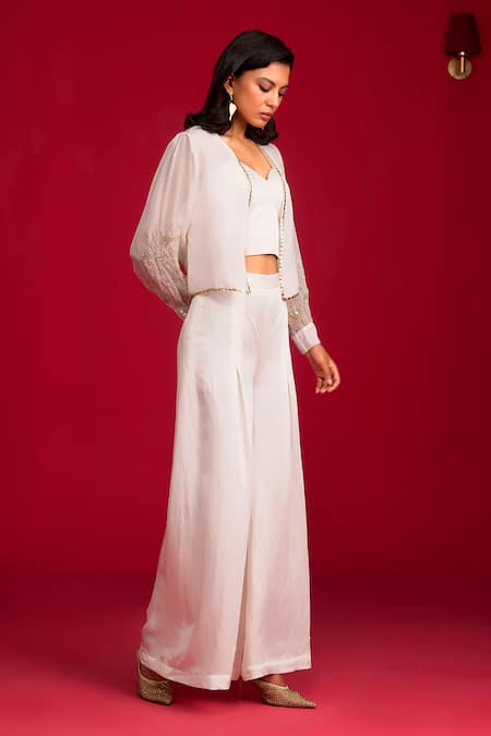 Buy_Megha Pitti_Ivory Linen, Satin, Organza Sequins, Piping Embroidered Jacket Pant Set _Online_at_Aza_Fashions