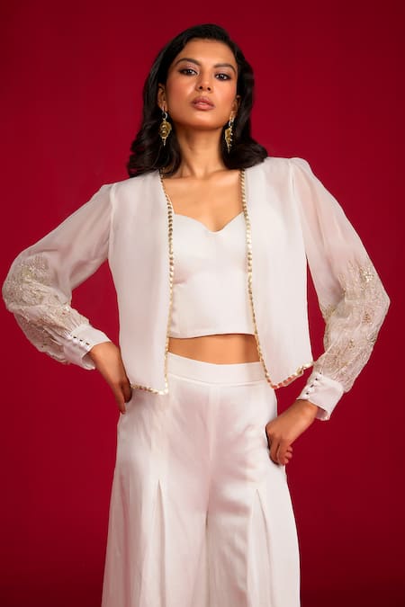 Shop_Megha Pitti_Ivory Linen, Satin, Organza Sequins, Piping Embroidered Jacket Pant Set _Online_at_Aza_Fashions