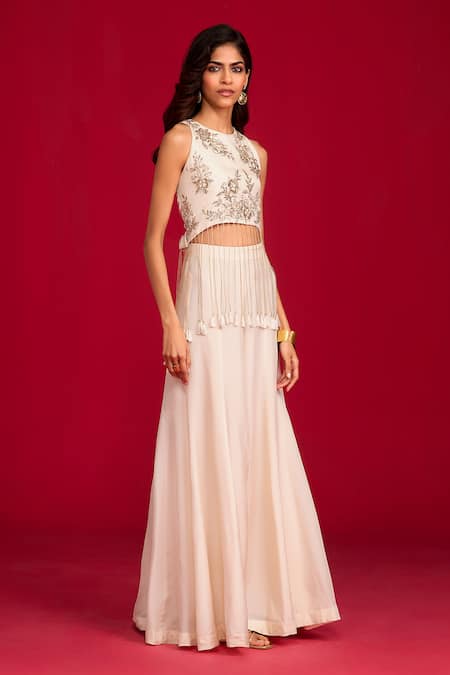 Buy_Megha Pitti_Ivory Silk Embroidery, Sequins, Tassels Round Neck Hand Crop Top With Pant _Online_at_Aza_Fashions