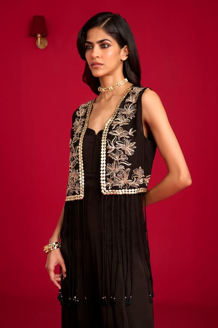 Megha Pitti_Black Modal, Satin, Organza Sequins, Hand Embroidered Jumpsuit With Jacket _Online_at_Aza_Fashions