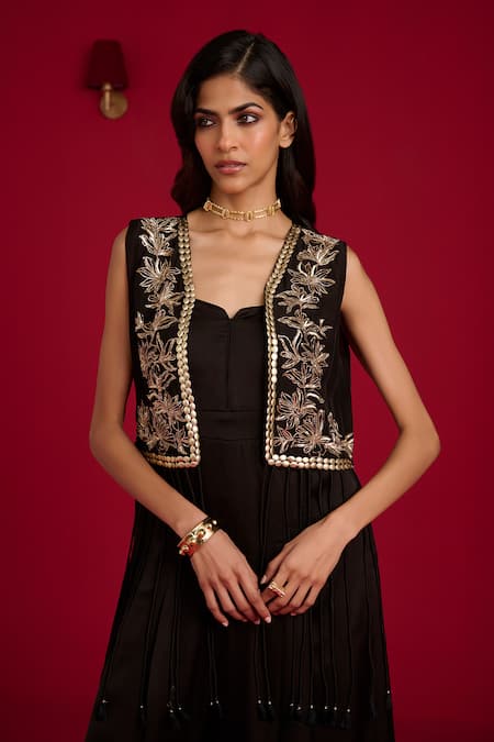 Buy_Megha Pitti_Black Modal, Satin, Organza Sequins, Hand Embroidered Jumpsuit With Jacket _Online_at_Aza_Fashions