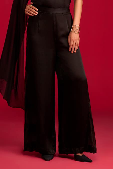 Shop_Megha Pitti_Black Modal, Satin, Organza Sequins, Embroidery One Hand Top And Pant Set _Online_at_Aza_Fashions