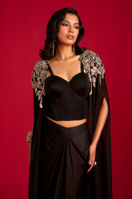 Megha Pitti_Black Modal, Satin Sweetheart , Open Embroidered Cape Skirt Set _Online_at_Aza_Fashions