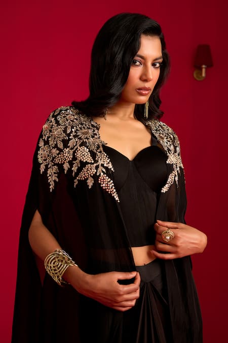Buy_Megha Pitti_Black Modal, Satin Sweetheart , Open Embroidered Cape Skirt Set _Online_at_Aza_Fashions