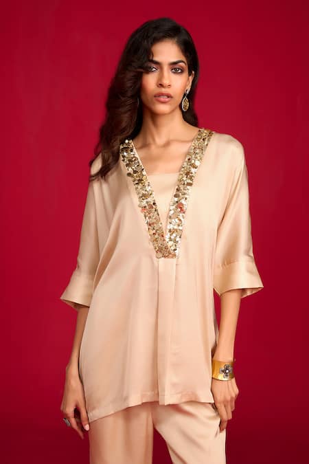 Buy_Megha Pitti_Gold Modal, Satin Sequins, Embroidery V-neck Hand Top With Bell Bottom Pant _Online_at_Aza_Fashions