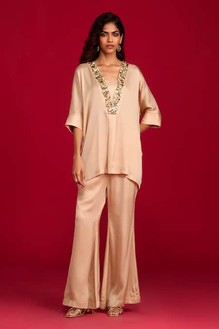 Megha Pitti Sequin Hand Embroidered Top With Bell Bottom Pant 