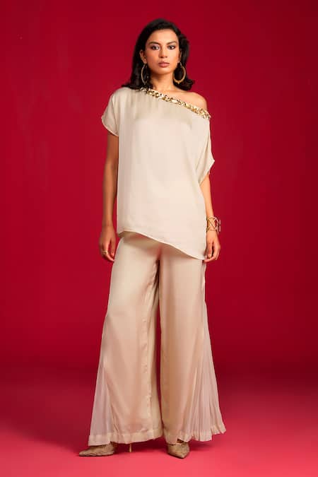 Megha Pitti_Ivory Modal, Satin, Organza Sequins, Embroidery Hand Top And Pant Set _Online_at_Aza_Fashions