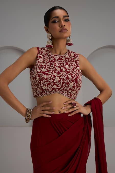Buy_Maisolos_Red Georgette, Net Embroidery, Zari, Blouse With Pre-draped Lehenga Saree _Online_at_Aza_Fashions