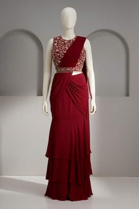 Shop_Maisolos_Red Georgette, Net Embroidery, Zari, Blouse With Pre-draped Lehenga Saree _Online_at_Aza_Fashions