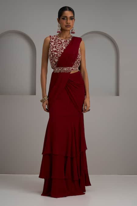 Maisolos_Red Georgette, Net Embroidery, Zari, Blouse With Pre-draped Lehenga Saree _at_Aza_Fashions
