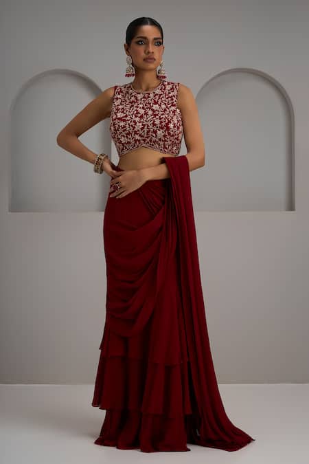 Buy_Maisolos_Red Georgette, Net Embroidery, Zari, Blouse With Pre-draped Lehenga Saree 