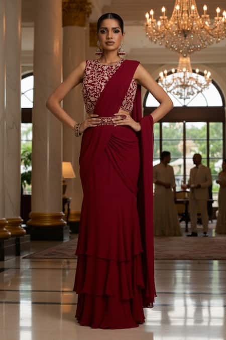 Maisolos Embroidered Blouse With Pre-Draped Lehenga Saree 