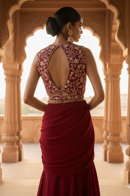 Shop_Maisolos_Red Georgette, Net Embroidery, Zari, Blouse With Pre-draped Lehenga Saree 