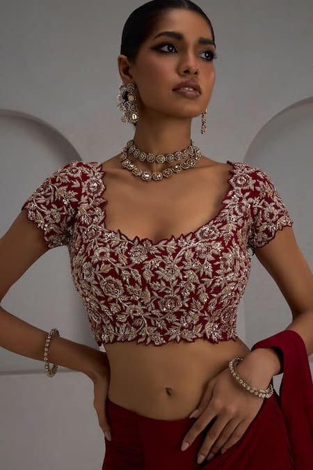 Maisolos_Maroon Georgette, Net Embroidery, Sequins, Metallic Blouse With Pre-draped Saree _Online_at_Aza_Fashions