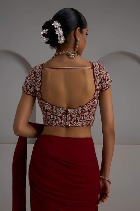 Buy_Maisolos_Maroon Georgette, Net Embroidery, Sequins, Metallic Blouse With Pre-draped Saree _Online_at_Aza_Fashions