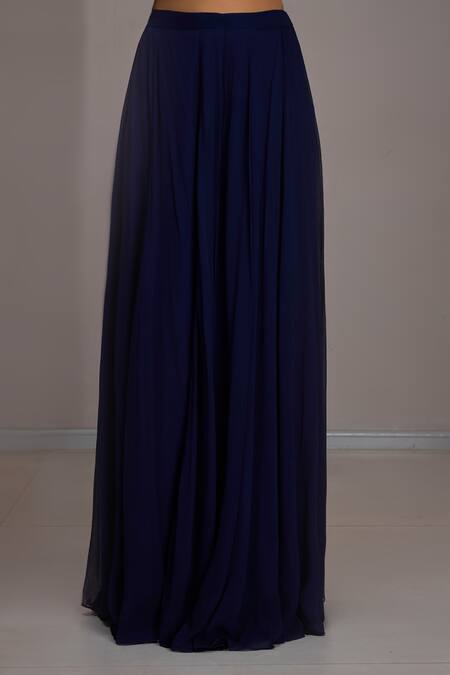 Maisolos_Navy Net, Georgette Embroidery Round Neck Crop Top Sharara Set _Online_at_Aza_Fashions