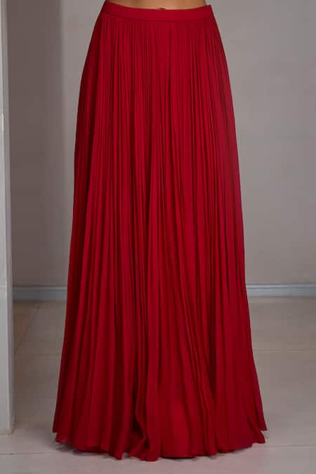 Buy_Maisolos_Red Net, Georgette Embroidery Round Neck, Scoop Crop Top With Gathered Skirt _Online_at_Aza_Fashions