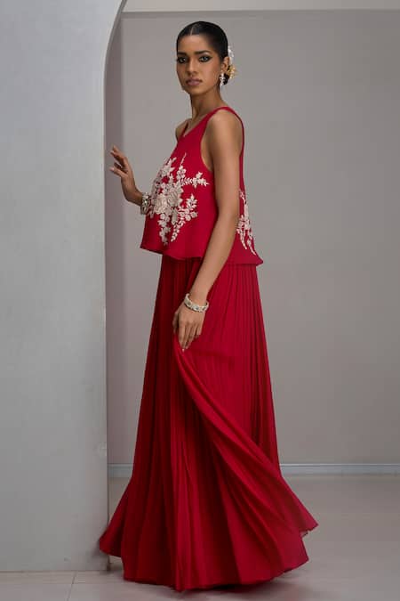 Shop_Maisolos_Red Net, Georgette Embroidery Round Neck, Scoop Crop Top With Gathered Skirt _Online_at_Aza_Fashions