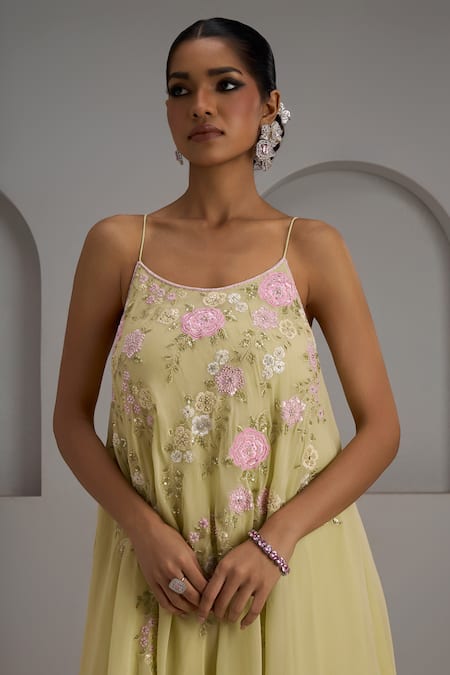 Buy_Maisolos_Green Net, Georgette Embroidery, Sequins, Beads Floral Hand Kurta Sharara Set _Online_at_Aza_Fashions