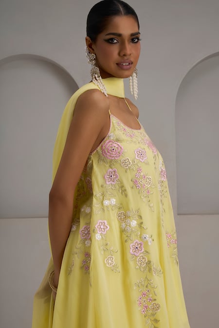 Buy_Maisolos_Yellow Net, Georgette Embroidery Scoop Neck Pastel Kurta Sharara Set _Online_at_Aza_Fashions
