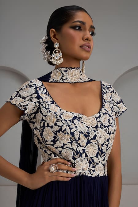 Maisolos_Navy Net, Georgette Embroidery Sweetheart Neck, Hand Anarkali With Dupatta _Online_at_Aza_Fashions