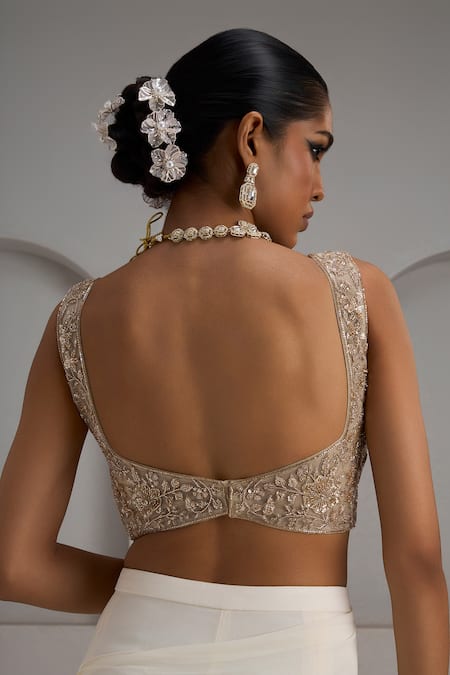 Maisolos Ivory Georgette, Net Embroidery, Sequins, Zari Blouse With Pre-draped Saree Online at Aza Fashions Maisolos_Ivory Georgette, Net Embroidery, Sequins, Zari Blouse With Pre-draped Saree _Online_at_Aza_Fashions