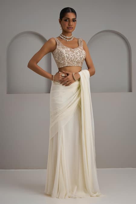 Shop Maisolos Ivory Georgette, Net Embroidery, Sequins, Zari Blouse With Pre-draped Saree Online at Aza Fashions Shop_Maisolos_Ivory Georgette, Net Embroidery, Sequins, Zari Blouse With Pre-draped Saree _Online_at_Aza_Fashions