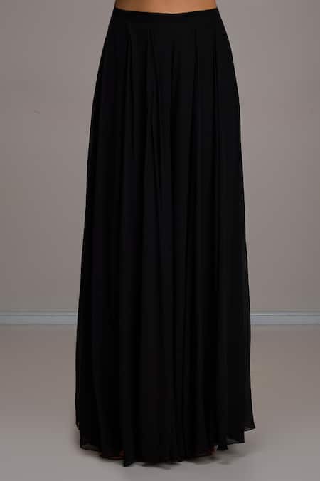 Maisolos_Black Net, Georgette Embroidery High Neck, Halter Floral Crop Top Sharara Set _Online_at_Aza_Fashions