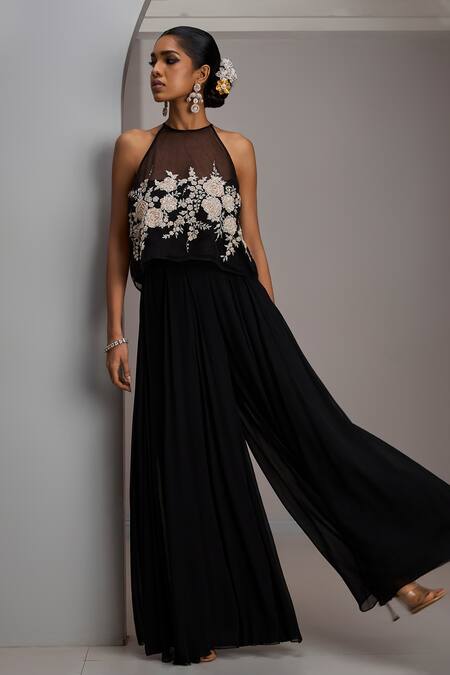Buy_Maisolos_Black Net, Georgette Embroidery High Neck, Halter Floral Crop Top Sharara Set _Online_at_Aza_Fashions