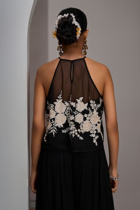 Maisolos Floral Embroidered Crop Top Sharara Set 