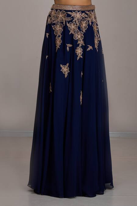Buy_Maisolos_Navy Net, Georgette Embroidery, Zari, Metallic Thread Floral Blouse Skirt Set _Online_at_Aza_Fashions
