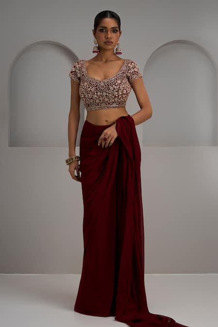 Maisolos_Maroon Net, Georgette Embroidery Sweetheart Neck, Blouse With Pre-stitched Saree _Online_at_Aza_Fashions