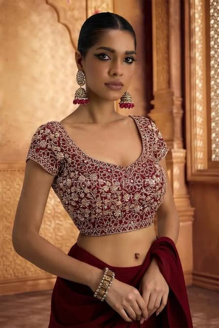 Buy_Maisolos_Maroon Net, Georgette Embroidery Sweetheart Neck, Blouse With Pre-stitched Saree _Online_at_Aza_Fashions