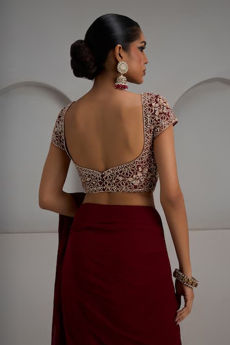 Shop_Maisolos_Maroon Net, Georgette Embroidery Sweetheart Neck, Blouse With Pre-stitched Saree _Online_at_Aza_Fashions