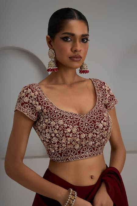 Maisolos_Maroon Net, Georgette Embroidery Sweetheart Neck, Blouse With Pre-stitched Saree _at_Aza_Fashions